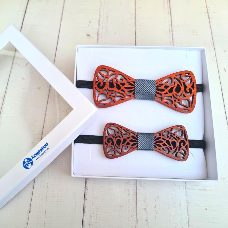 Noeud papillon bois motif gris père et fils